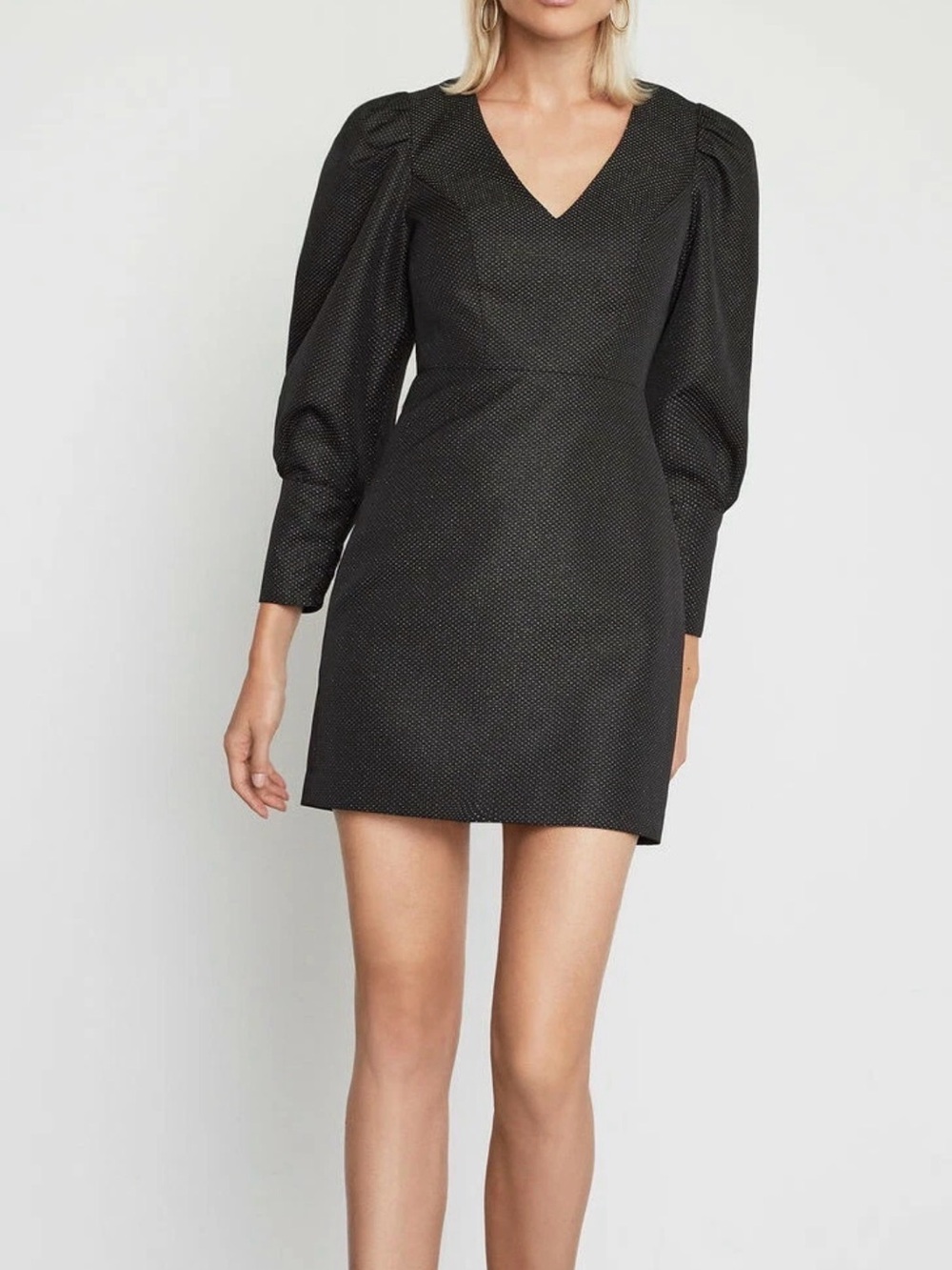 BCBG Black V-Neck Puff Sleeve Mini Dress with Gold Detail